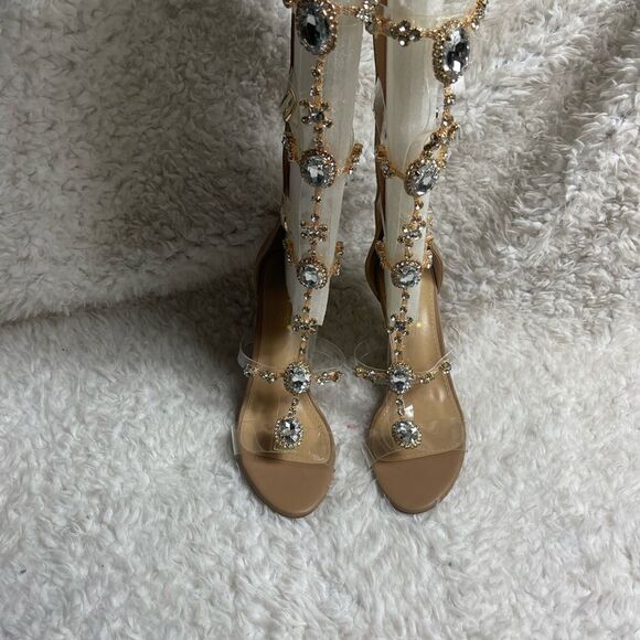 Shoe Dazzle Yulanda clear Gladiator wedge sandals jewels&gold tone accents SZ8.5 - Picture 4 of 14